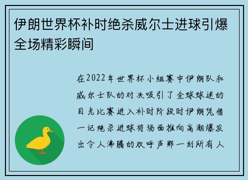 伊朗世界杯补时绝杀威尔士进球引爆全场精彩瞬间